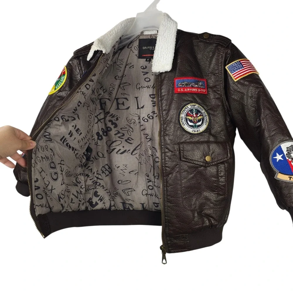 Da Fei Li Boys Bomber Jacket Size 10 Flight Aviator Faux Leather Patches Coat
